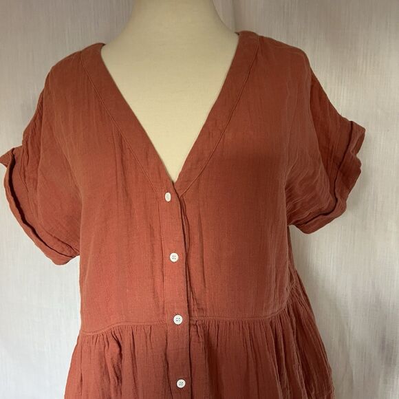 Madewell Lightspun Cuff Sleeve Button Front Tiered Dress Orange V Neck Medium - Picture 9 of 14